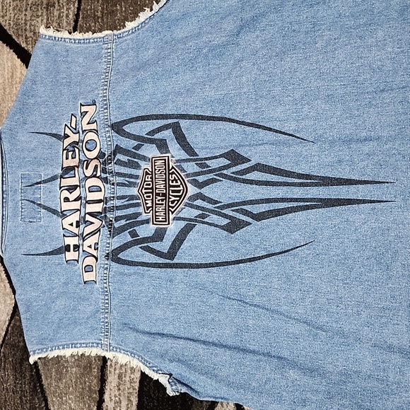 HARLEY DAVIDSON EMBROIDERED SILVER RAW-EDGE TRIBAL LOGO SNAP-BUTTON DENIM SHIRT - Picture 11 of 16